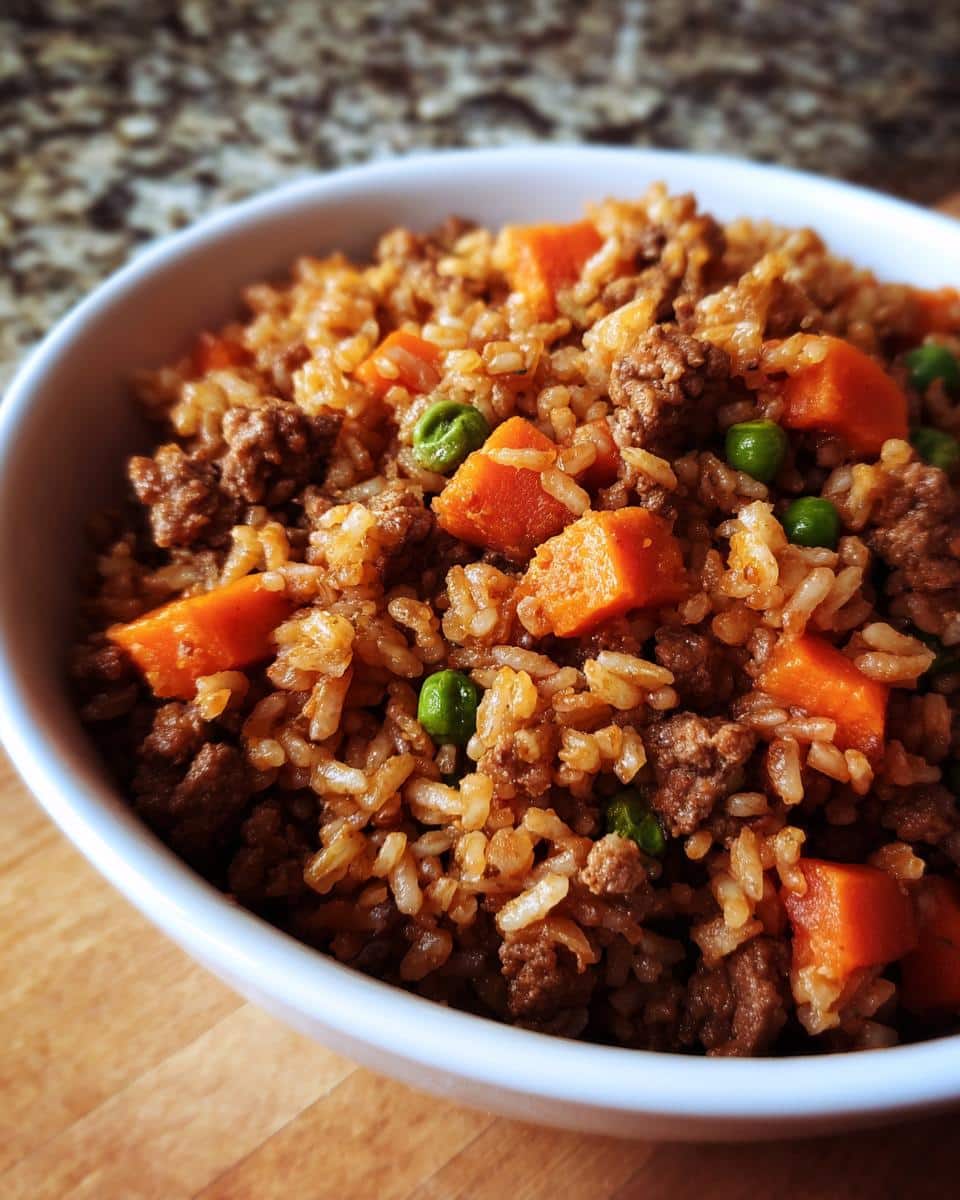 A bowl of Vet-Tested Ground Beef & Carrot Meal with rice, peas, and diced carrots.