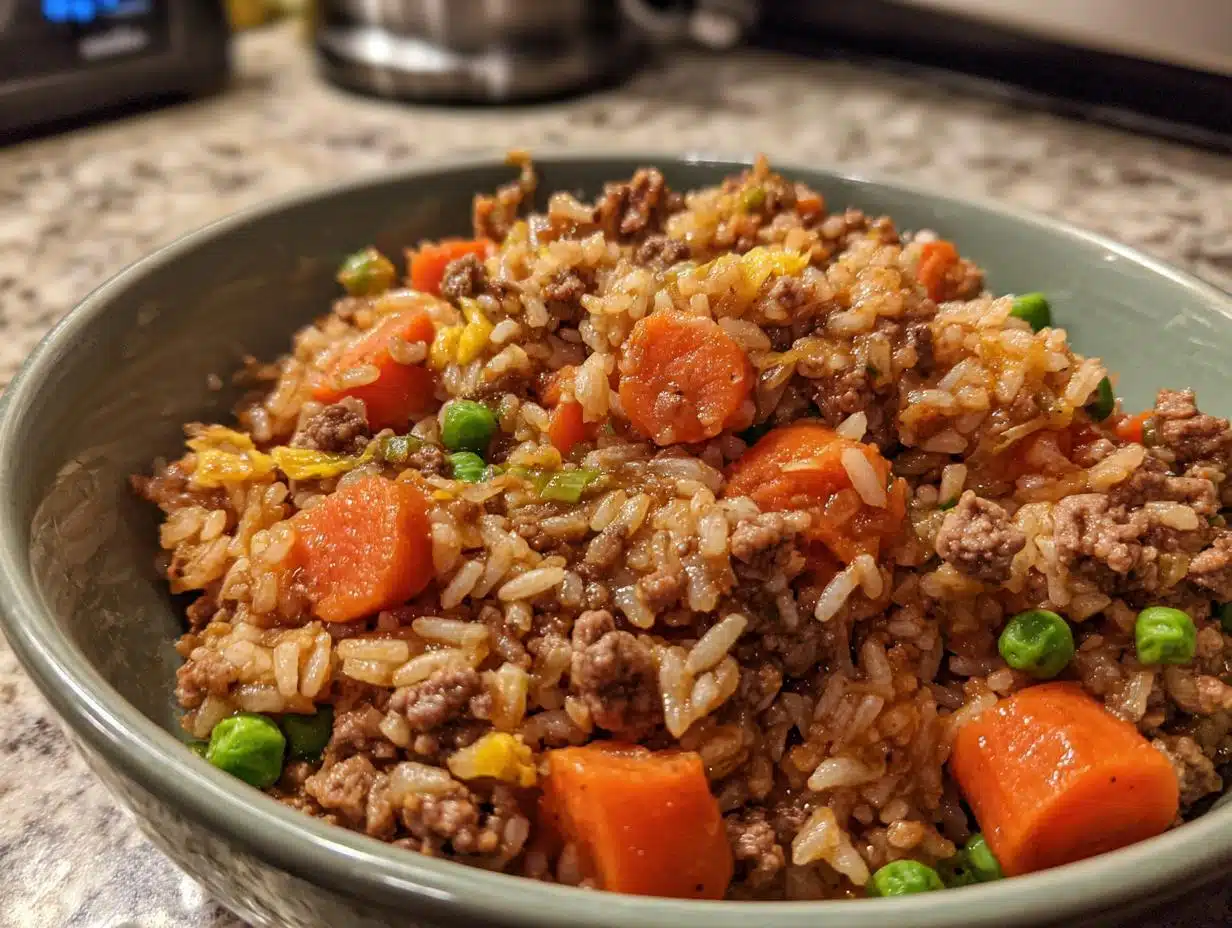 A bowl of Vet-Tested Ground Beef & Carrot Meal, featuring ground beef, carrots, rice, and peas.