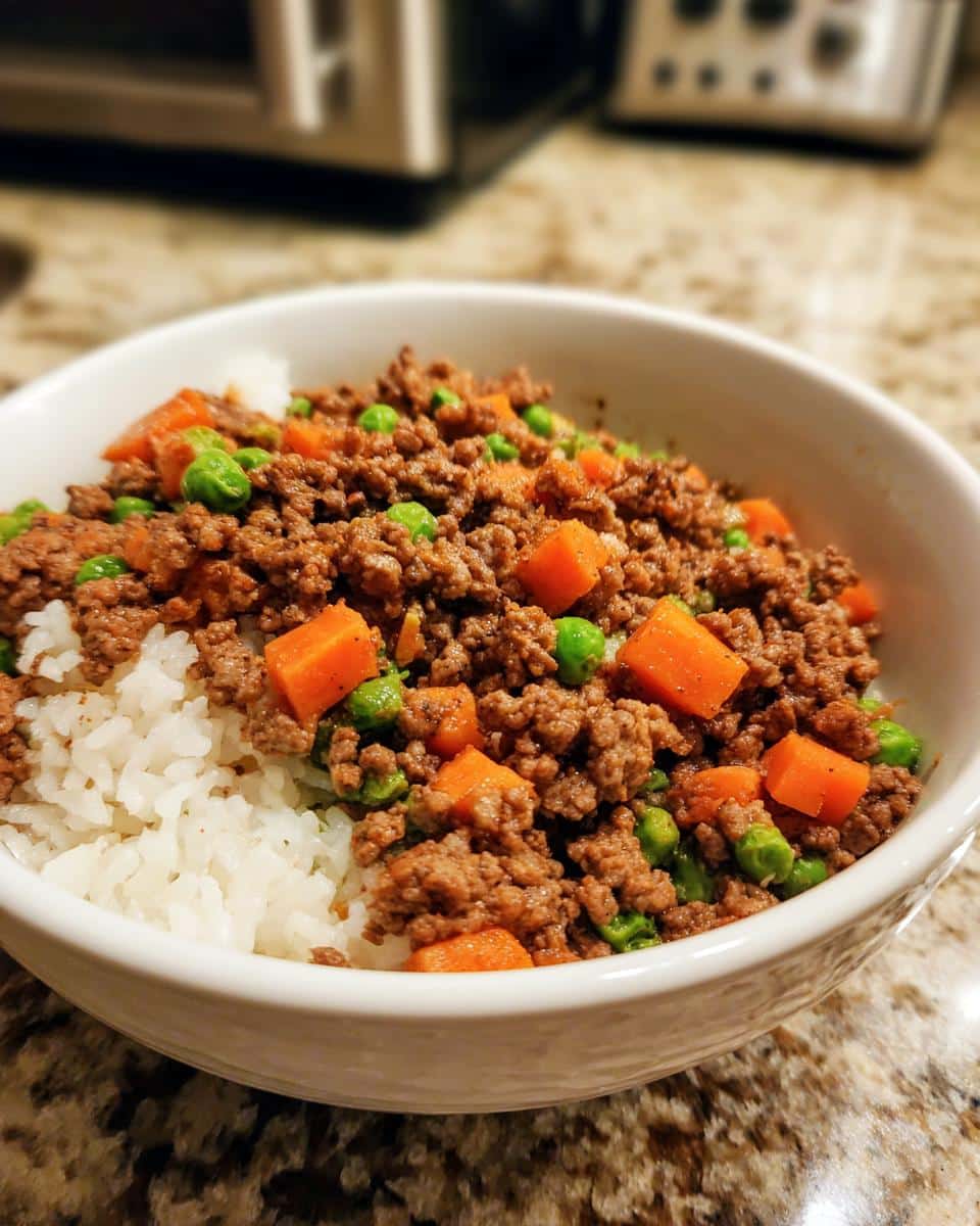 A bowl of vet-tested ground beef & carrot meal with rice, carrots, and peas.
