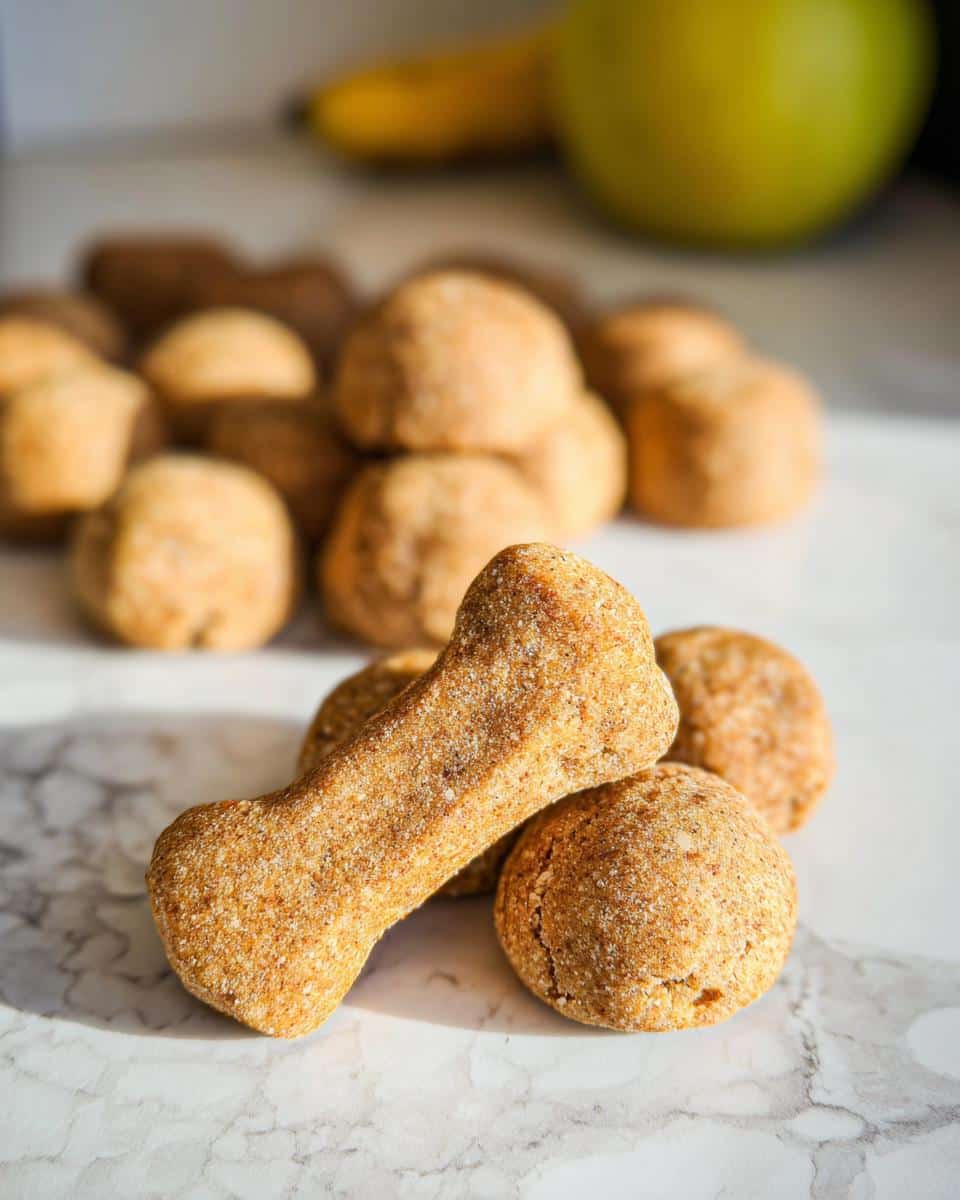 Close-up of homemade Apple Banana Holiday Dog Rounds treats, including one bone-shaped cookie.