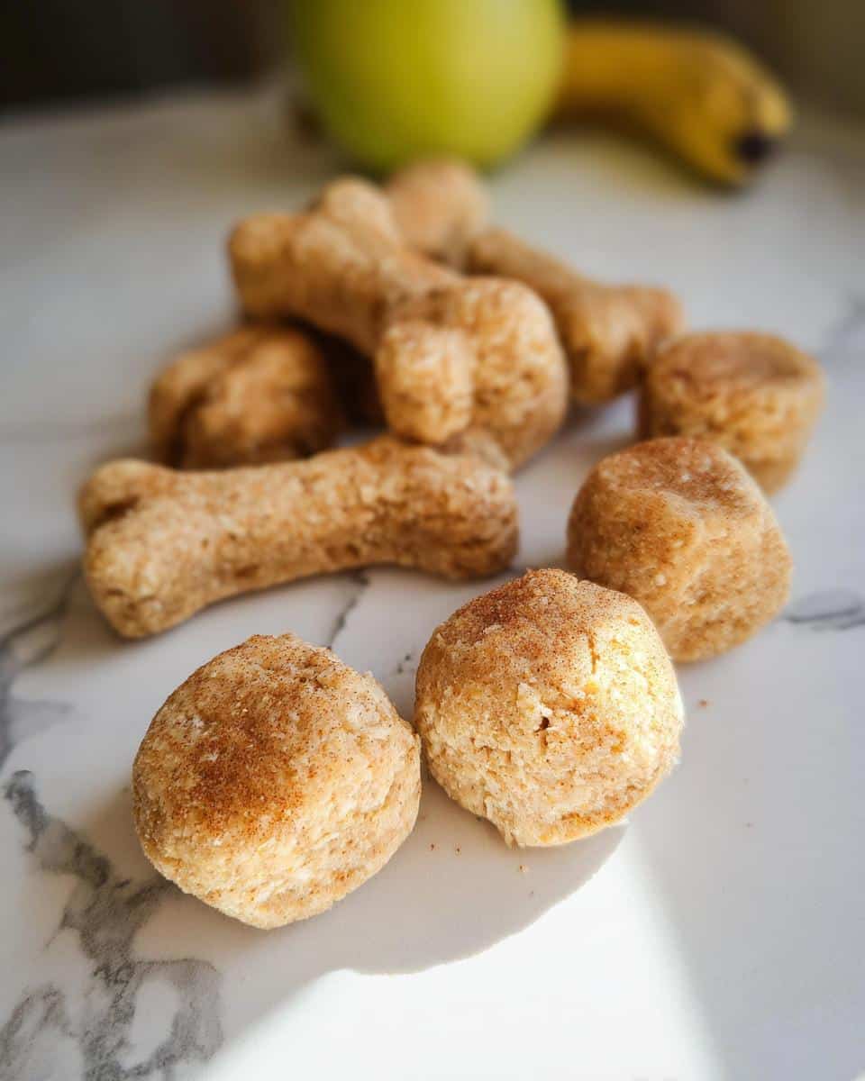 Close-up of Apple Banana Holiday Dog Rounds and bone-shaped dog treats on a marble surface.