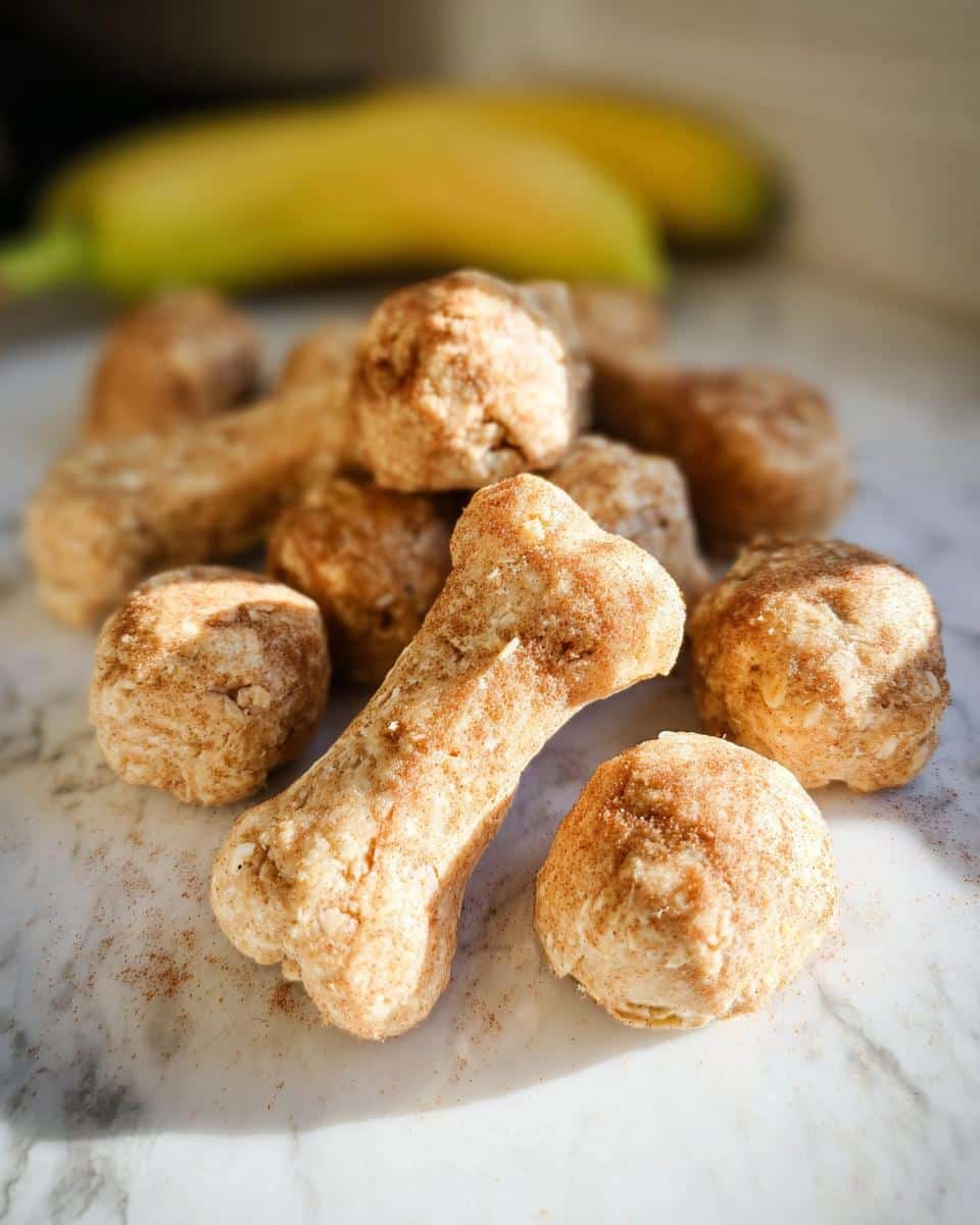 A pile of homemade Apple Banana Holiday Dog Rounds treats, including bone shapes and balls, dusted with cinnamon.