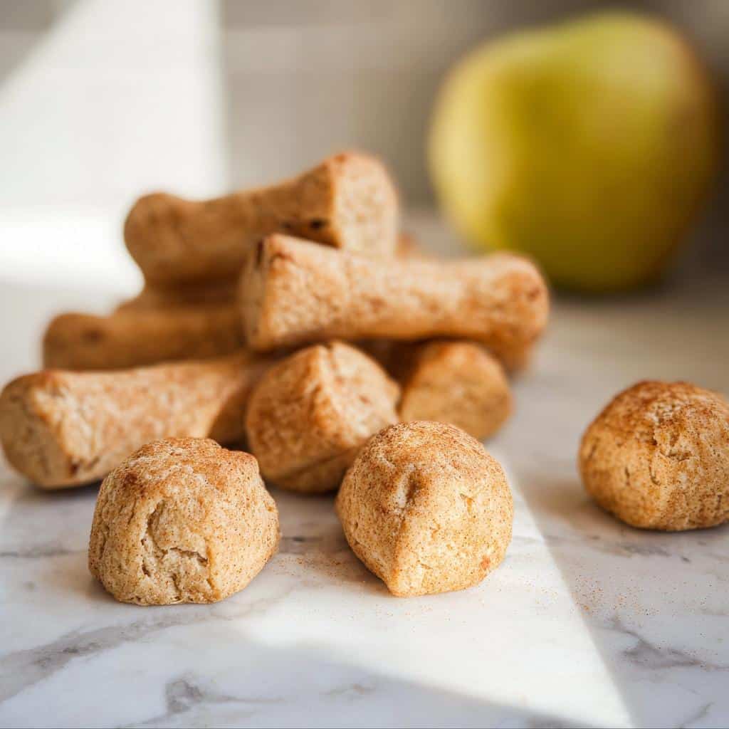 Close-up of baked Apple Banana Holiday Dog Rounds treats, some bone-shaped and some round, dusted with cinnamon, with a green apple blurred in the background.
