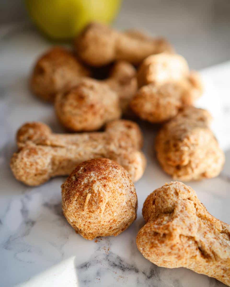 Close-up of baked Apple Banana Holiday Dog Rounds treats, some shaped like bones, on a marble surface.