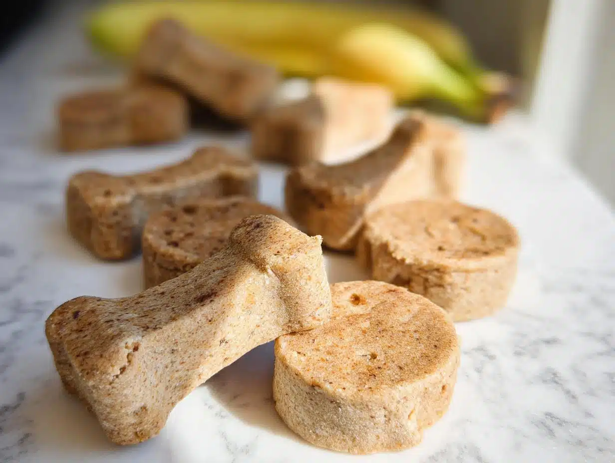 Close-up of freshly baked Apple Banana Holiday Dog Rounds treats in bone and circular shapes.