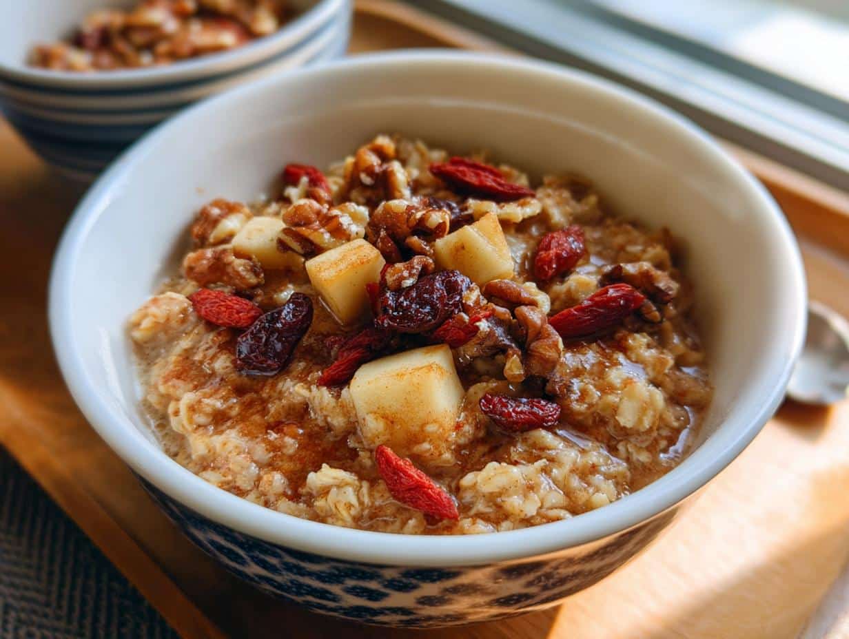 Close-up of a warm Apple Oat Senior Comfort Meal topped with diced apples, walnuts, and dried berries.
