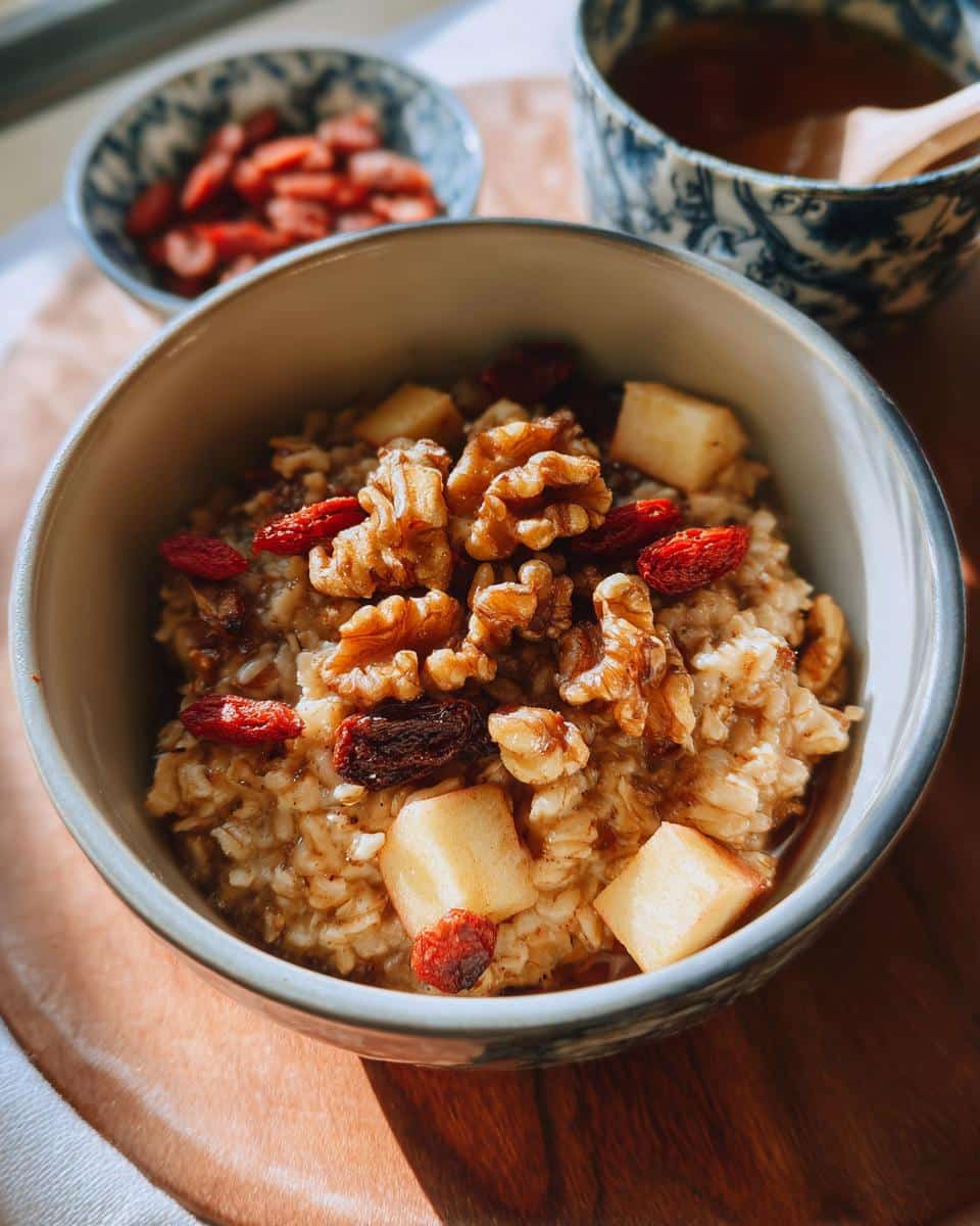 Close-up of Apple Oat Senior Comfort Meal topped with walnuts, diced apples, and goji berries.