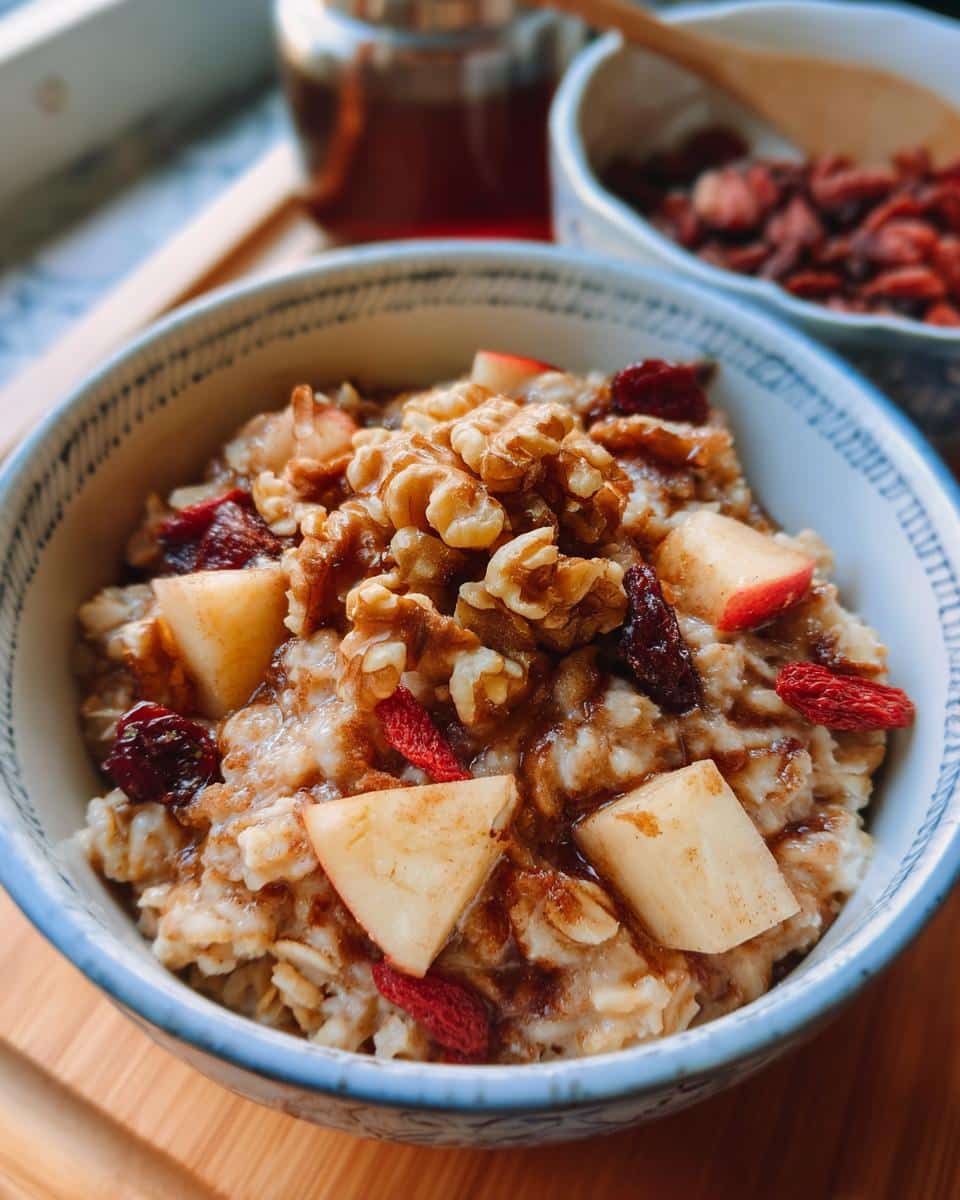 Close-up of a warm Apple Oat Senior Comfort Meal topped with walnuts, apple chunks, and dried berries.