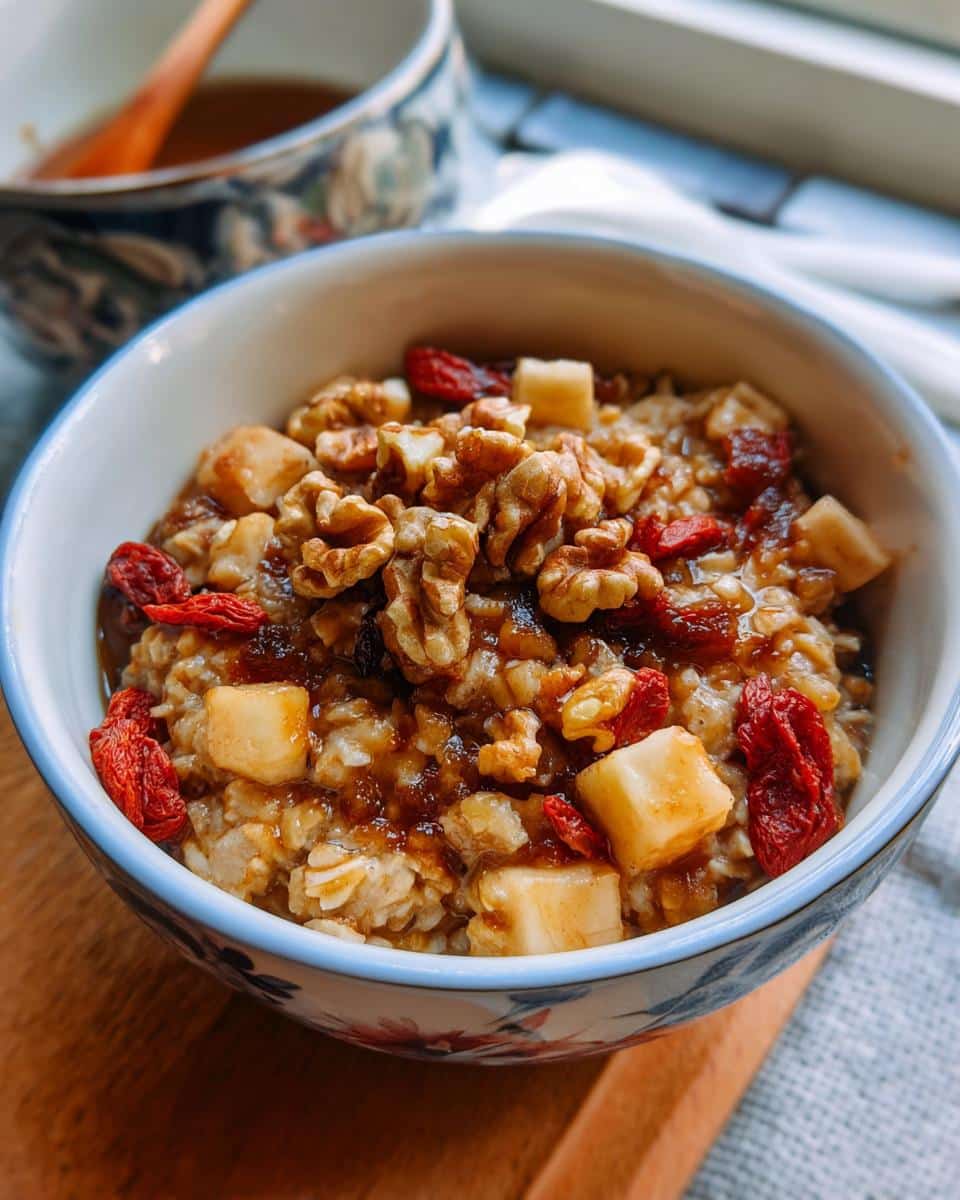 Close-up of a bowl of Apple Oat Senior Comfort Meal topped with walnuts, diced apples, and dried goji berries.