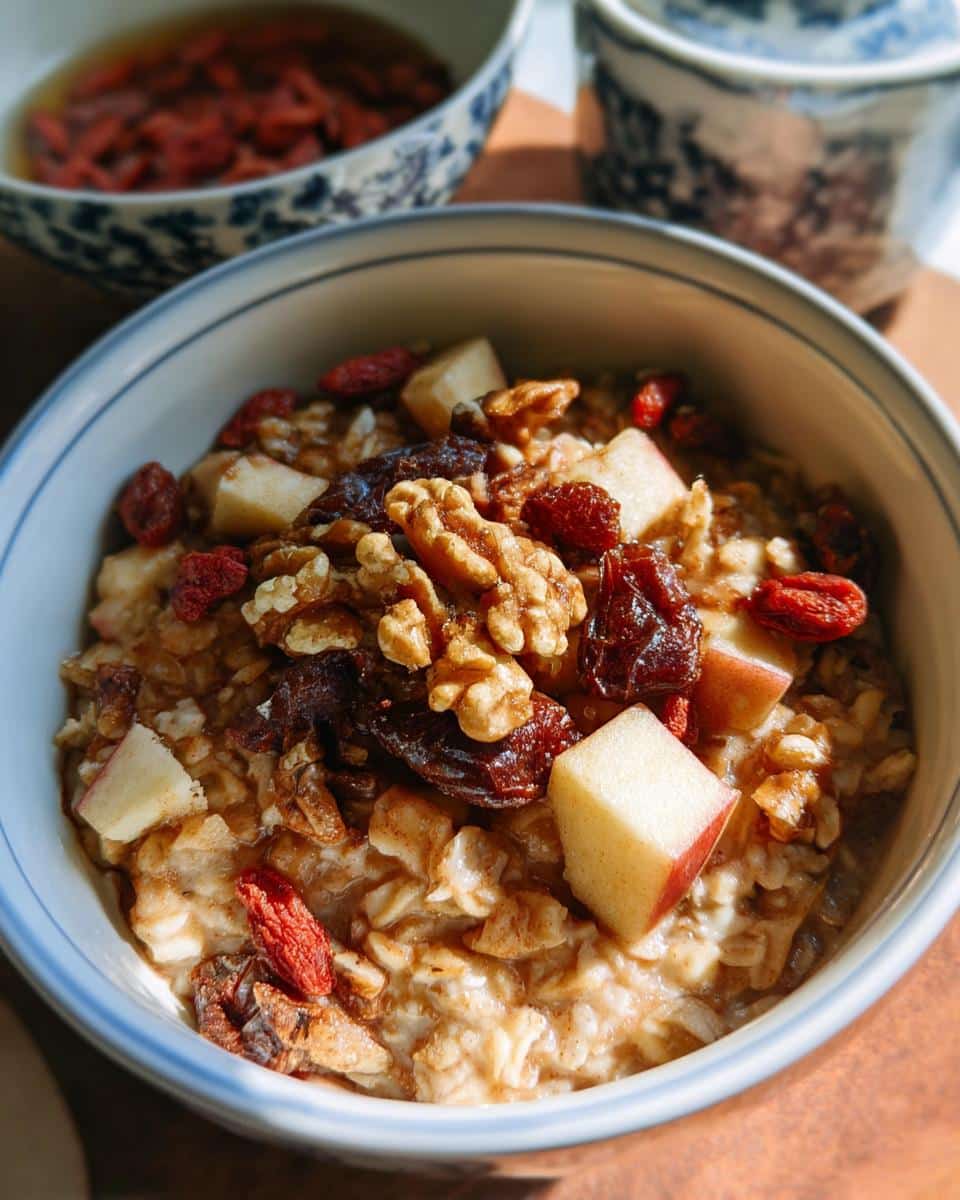 Close-up of a bowl of Apple Oat Senior Comfort Meal topped with walnuts, diced apple, and goji berries.