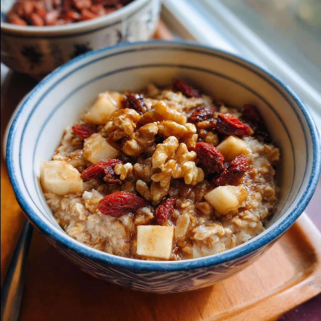 Close-up of a warm Apple Oat Senior Comfort Meal topped with walnuts, dried berries, and diced apples.