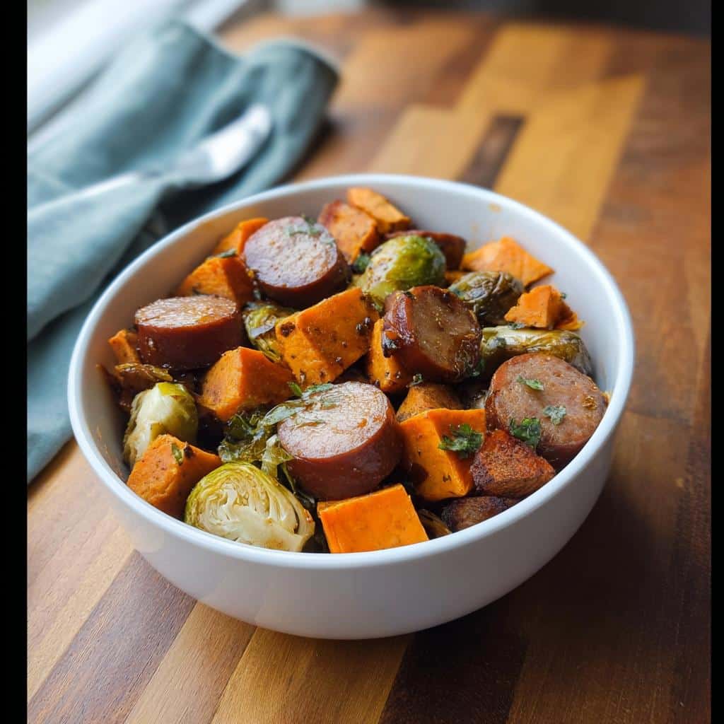 A white bowl filled with the Apple Sage Dog Celebration Bowl, featuring sliced sausage, roasted sweet potatoes, and Brussels sprouts.