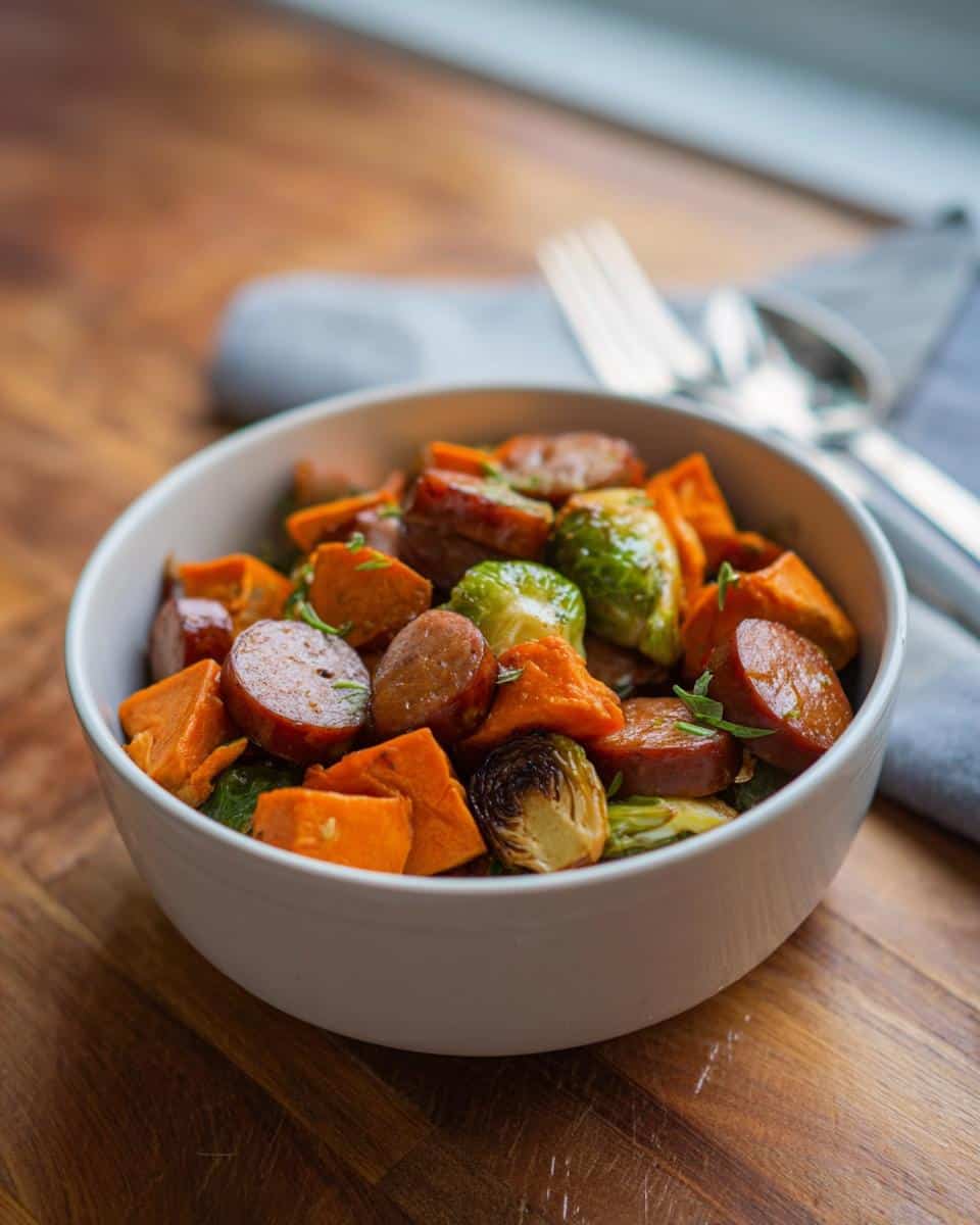 A white bowl filled with sliced sausage, roasted sweet potatoes, and Brussels sprouts, representing the Apple Sage Dog Celebration Bowl.