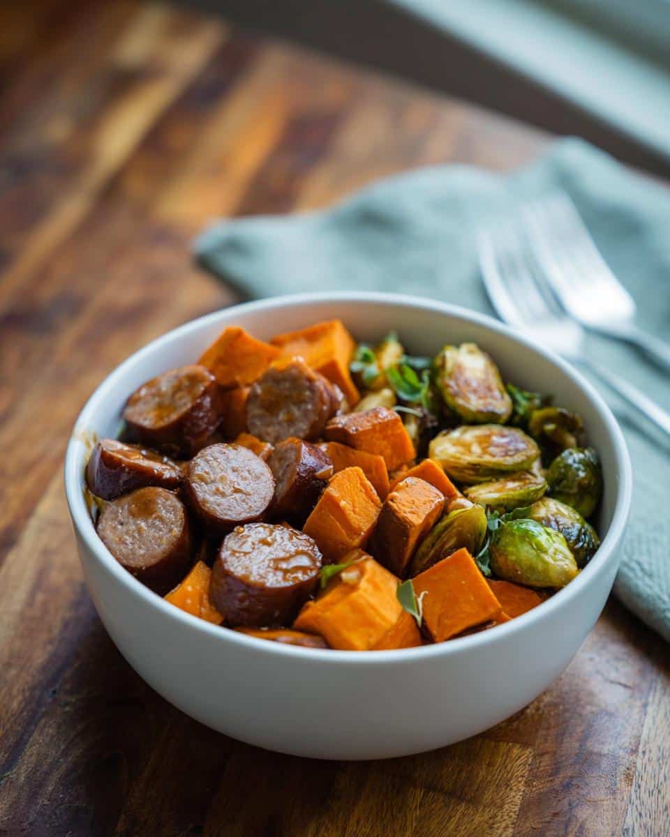 Close-up of the Apple Sage Dog Celebration Bowl featuring sliced sausage, cubed sweet potatoes, and roasted Brussels sprouts.