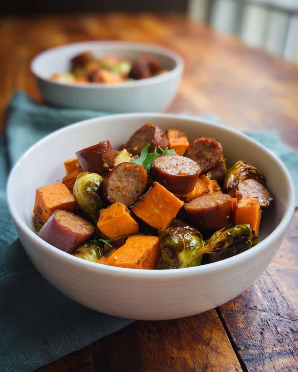 Close-up of the Apple Sage Dog Celebration Bowl featuring sausage, roasted sweet potatoes, and Brussels sprouts.