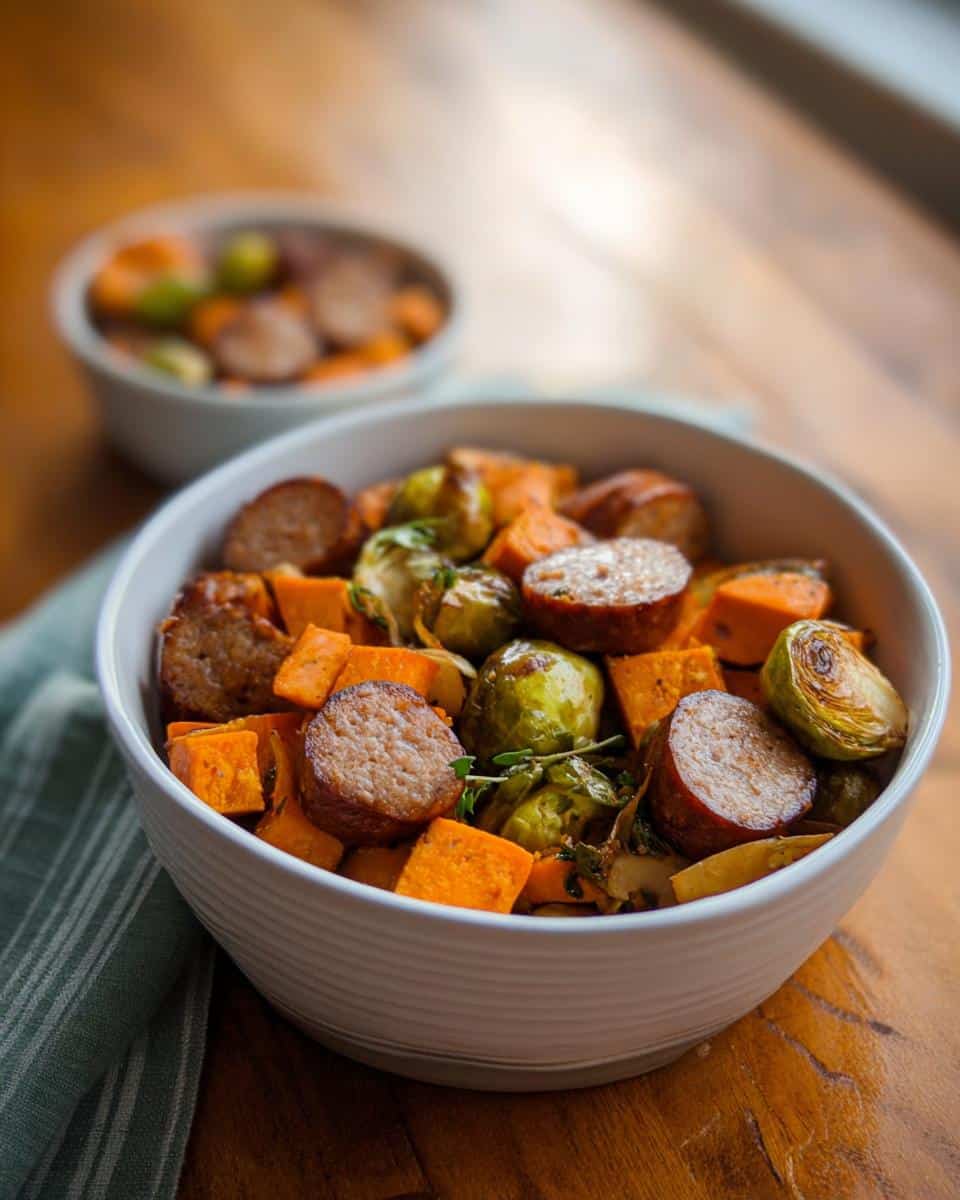 Close-up of the Apple Sage Dog Celebration Bowl featuring sausage slices, roasted sweet potatoes, and Brussels sprouts.