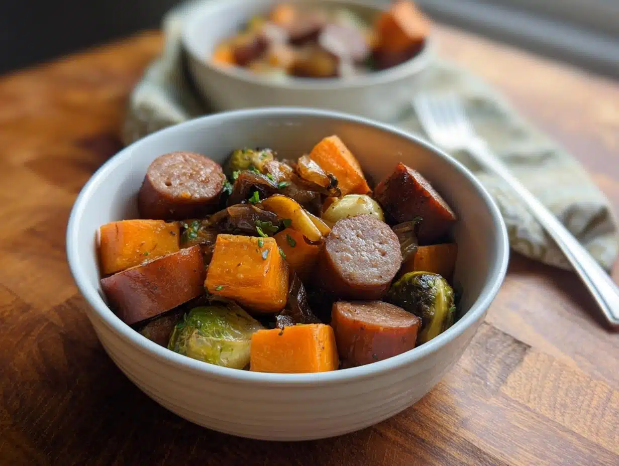 Close-up of a white bowl filled with chunks of sausage, sweet potato, and Brussels sprouts for an Apple Sage Dog Celebration Bowl.