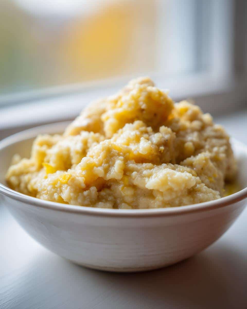 A white bowl filled with a warm, textured Banana Millet Morning Dog Meal, set near a bright window.