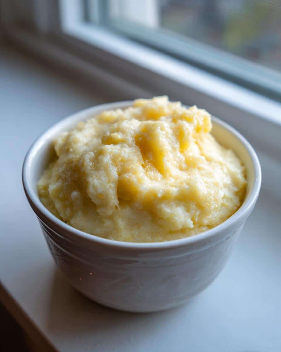 Close-up of a white bowl filled with the mashed Banana Millet Morning Dog Meal mixture.