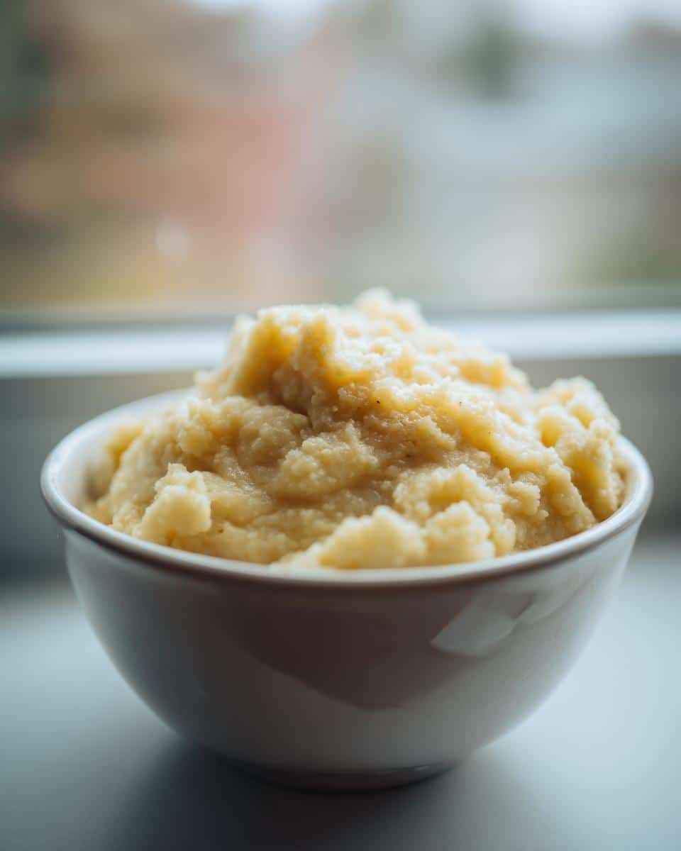 A close-up of a small white bowl filled with the mashed Banana Millet Morning Dog Meal, set against a blurred window background.