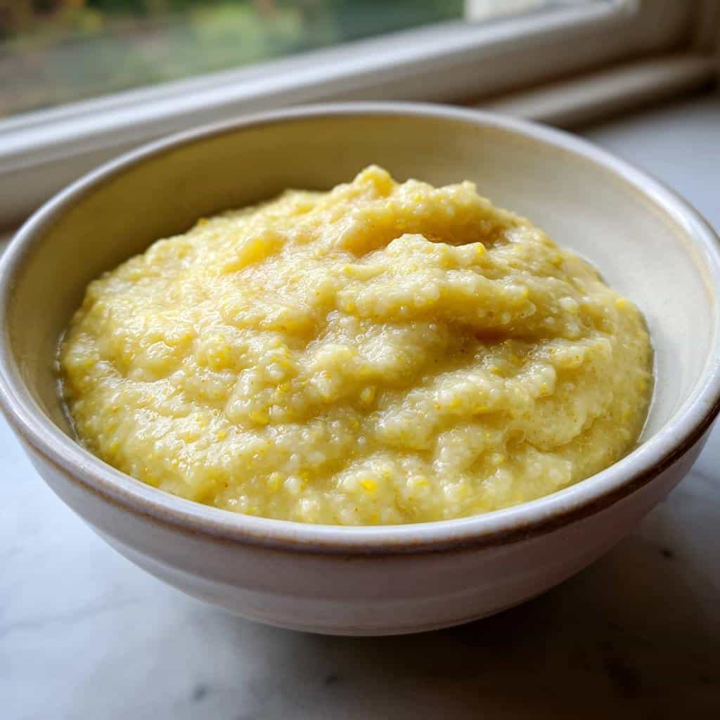 Close-up of a bowl filled with thick, yellow Banana Millet Morning Dog Meal porridge.