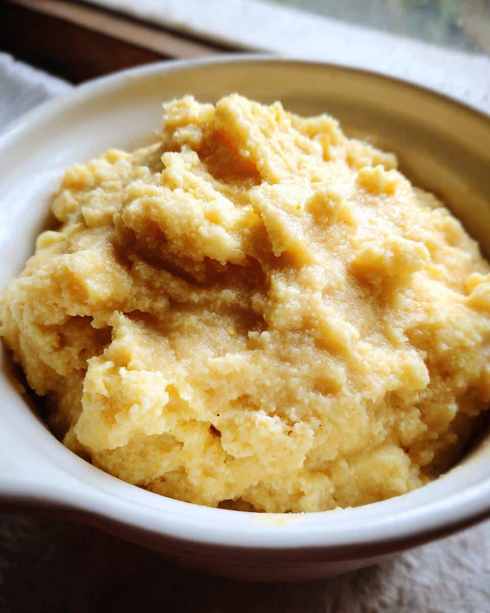 Close-up of the thick, creamy texture of the Banana Millet Morning Dog Meal in a white bowl.