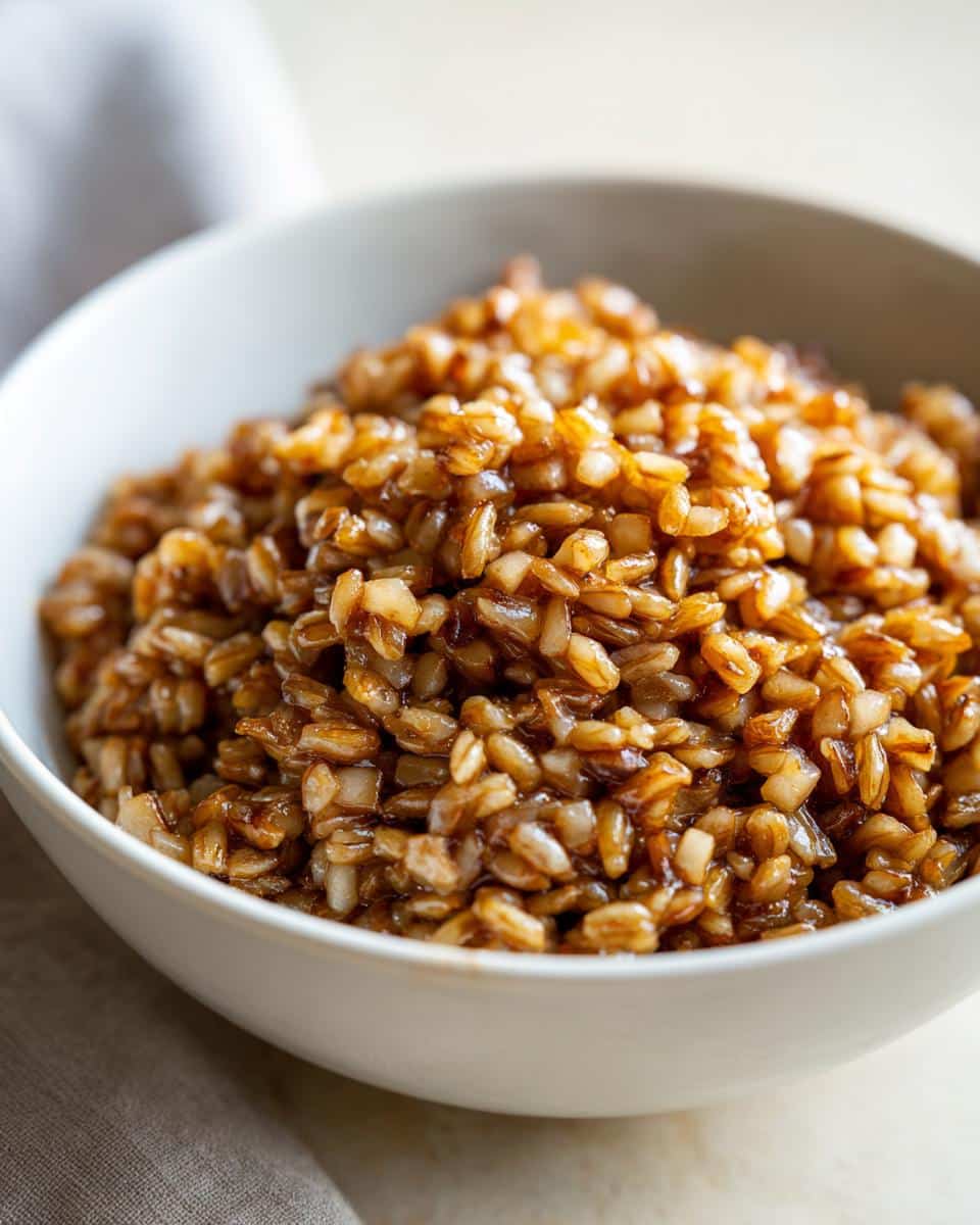Close-up of cooked grains mixed with a brown sauce, representing the Barley Pear Morning Pup Dish.