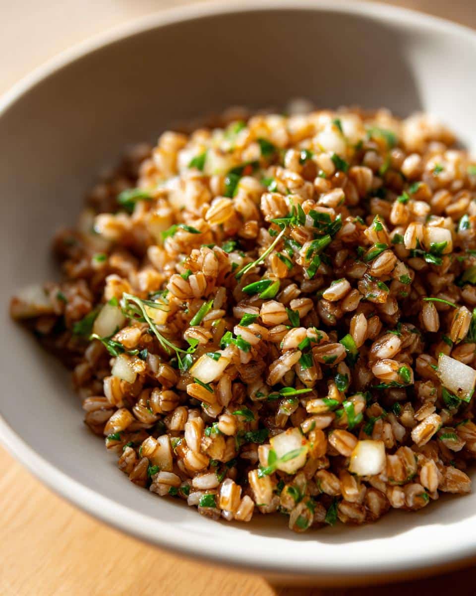 Close-up of the finished Barley Pear Morning Pup Dish, featuring cooked barley mixed with herbs and small white pieces.
