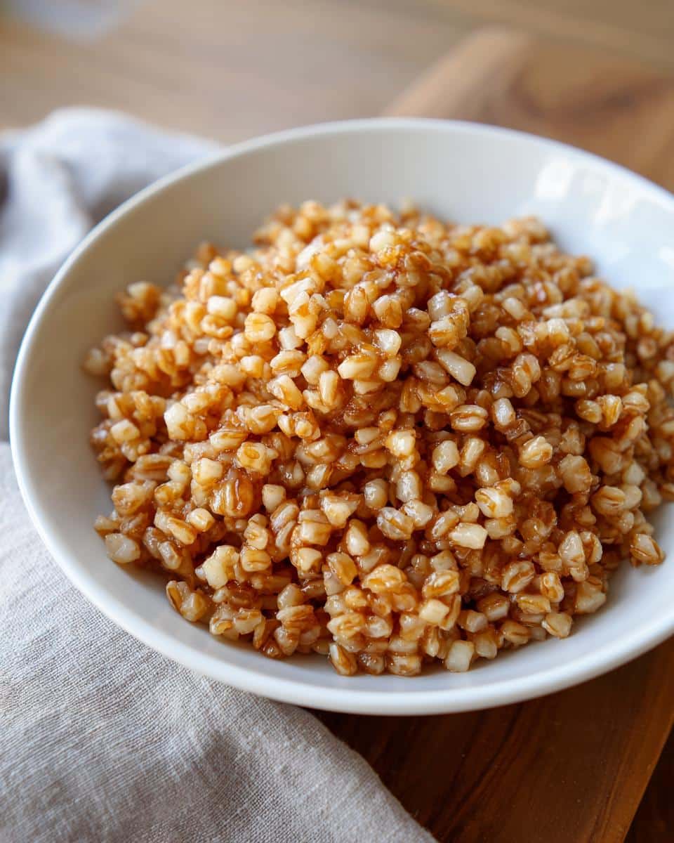 Close-up of cooked barley grains coated in a sweet glaze, served in a white bowl as a Barley Pear Morning Pup Dish.
