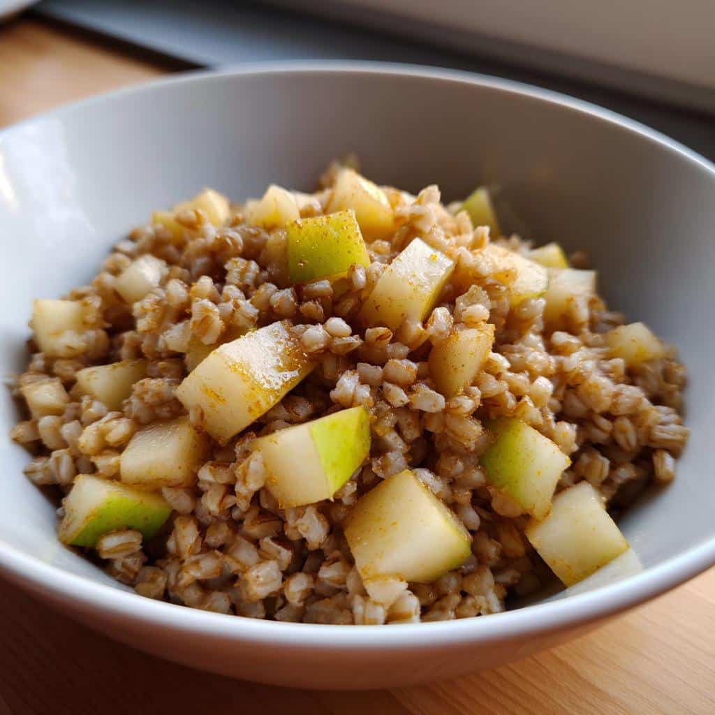 Close-up of the Barley Pear Morning Pup Dish, featuring cooked barley mixed with diced green pears and spices.