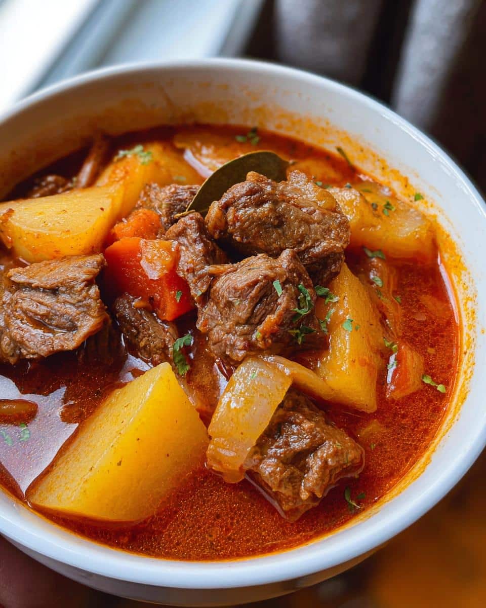 Close-up of hearty Beef and Parsnip Party Meal stew with chunks of beef, parsnips, and rich red broth.