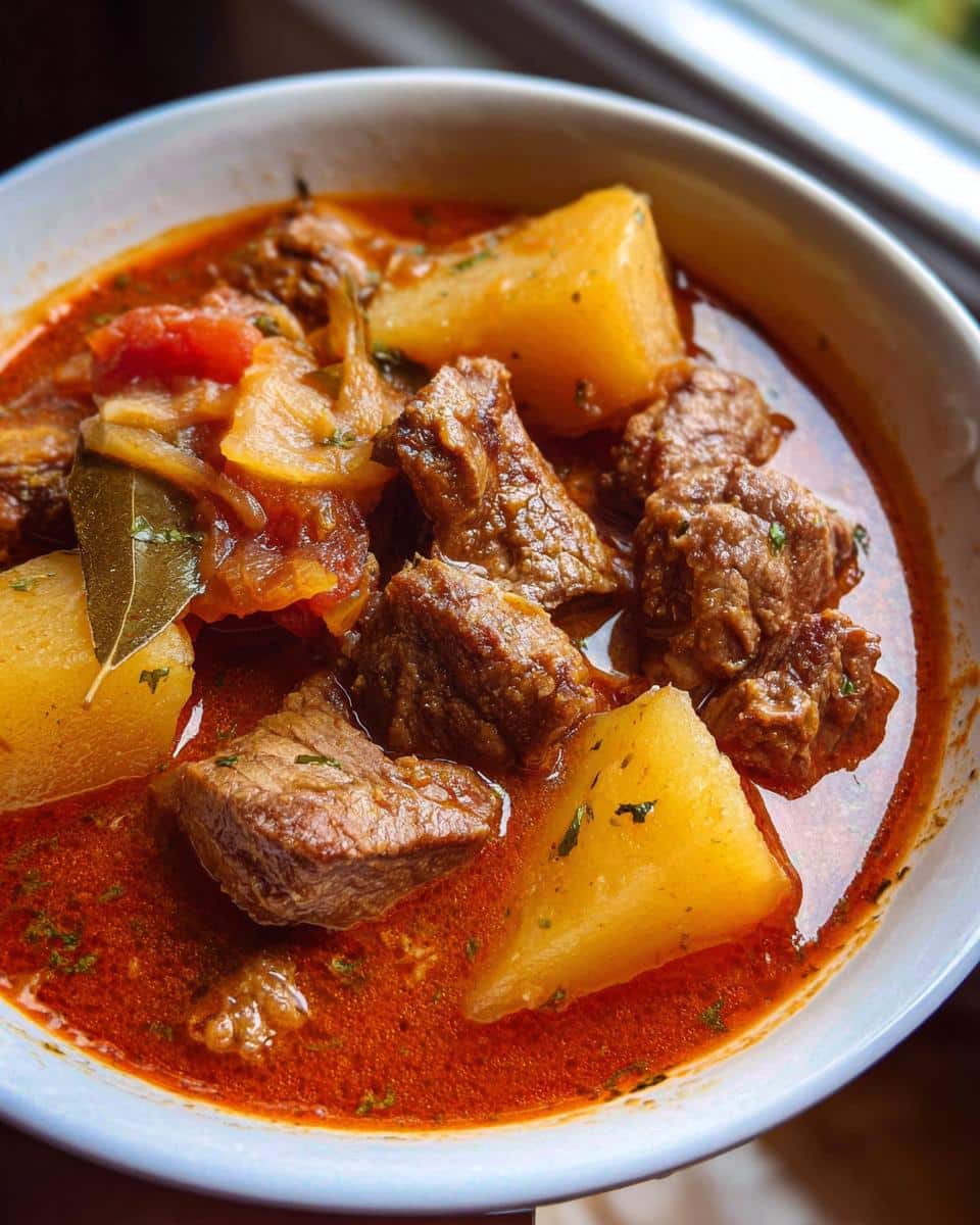 Close-up of tender beef chunks and large parsnip pieces in a rich, red sauce from the Beef and Parsnip Party Meal.