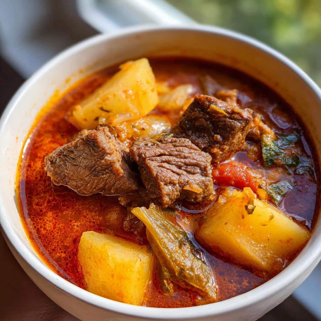 Close-up of tender chunks of beef and large pieces of parsnip in a rich, red stew, part of the Beef and Parsnip Party Meal.