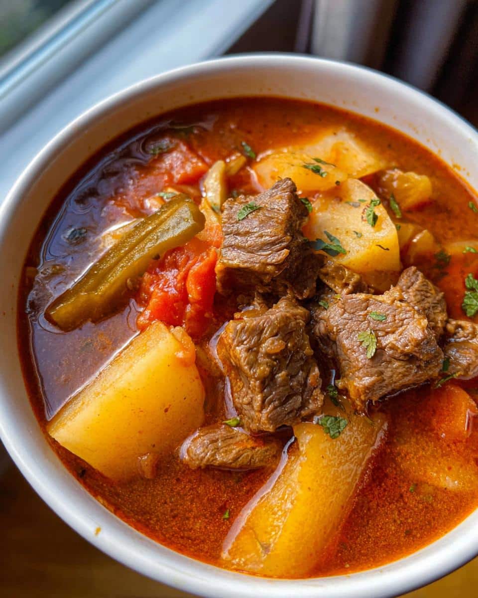 Close-up of a rich stew featuring chunks of beef, large pieces of parsnip, and tomatoes in a red broth, part of the Beef and Parsnip Party Meal.