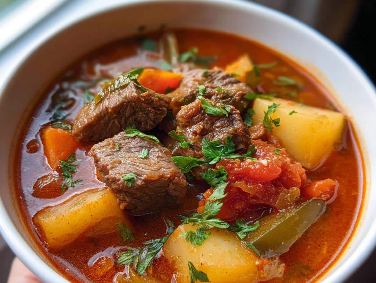 Close-up of tender beef chunks and large parsnip pieces in a rich, red stew, part of the Beef and Parsnip Party Meal.