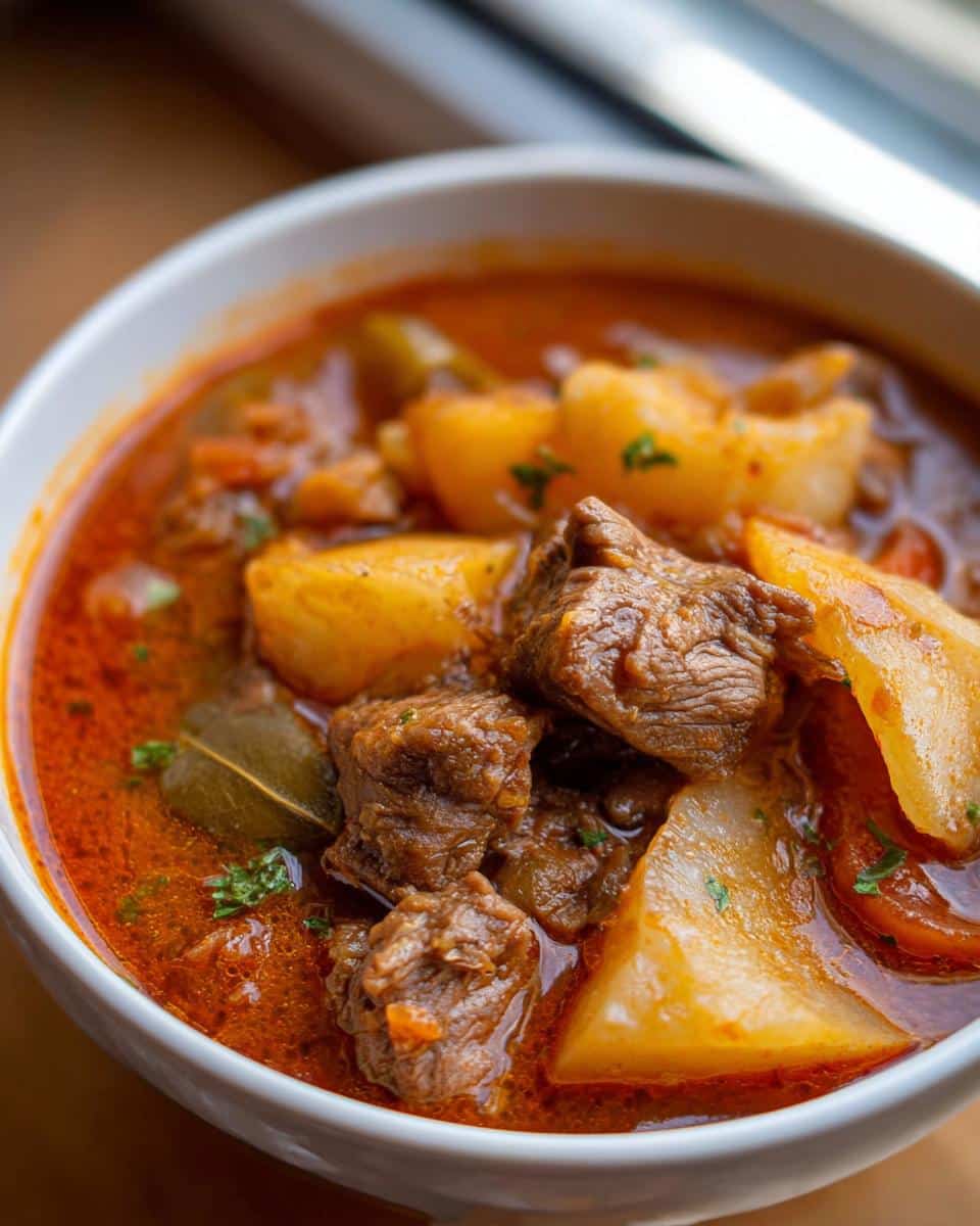 Close-up of tender beef chunks and large parsnip pieces in a rich, red sauce from the Beef and Parsnip Party Meal.