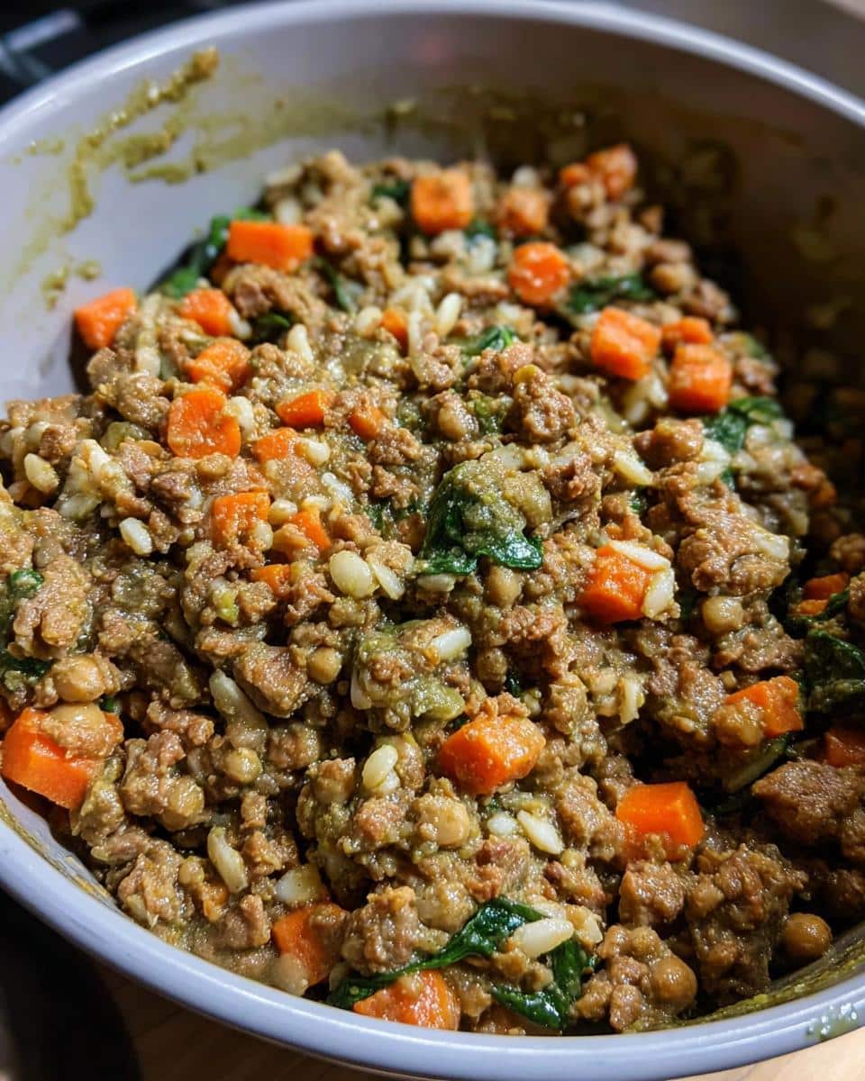 Close-up of the Beef Chickpea Power Pup Bowl mixture showing ground beef, chickpeas, rice, carrots, and spinach.