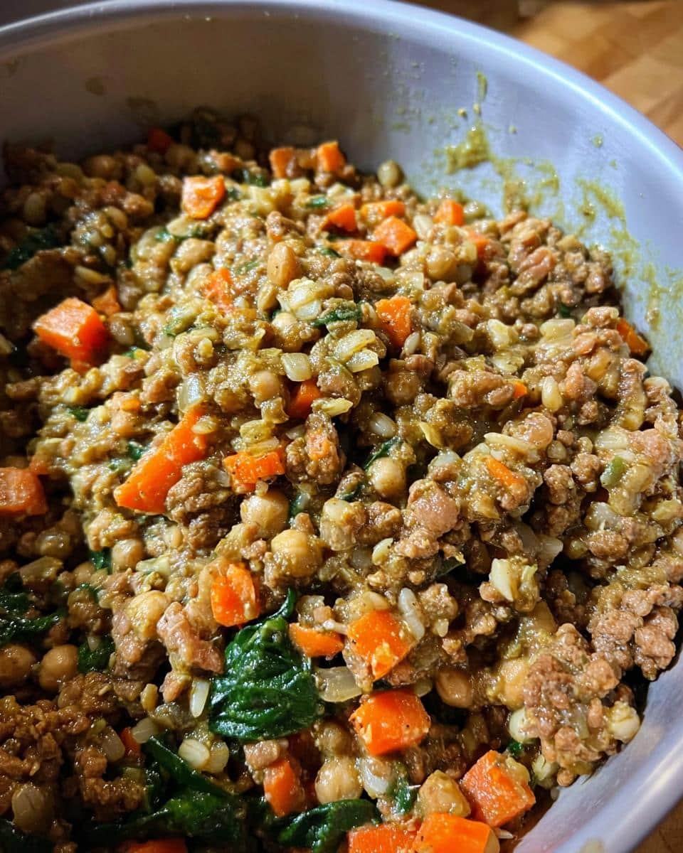Close-up of the hearty Beef Chickpea Power Pup Bowl mixture showing ground beef, chickpeas, carrots, and spinach.