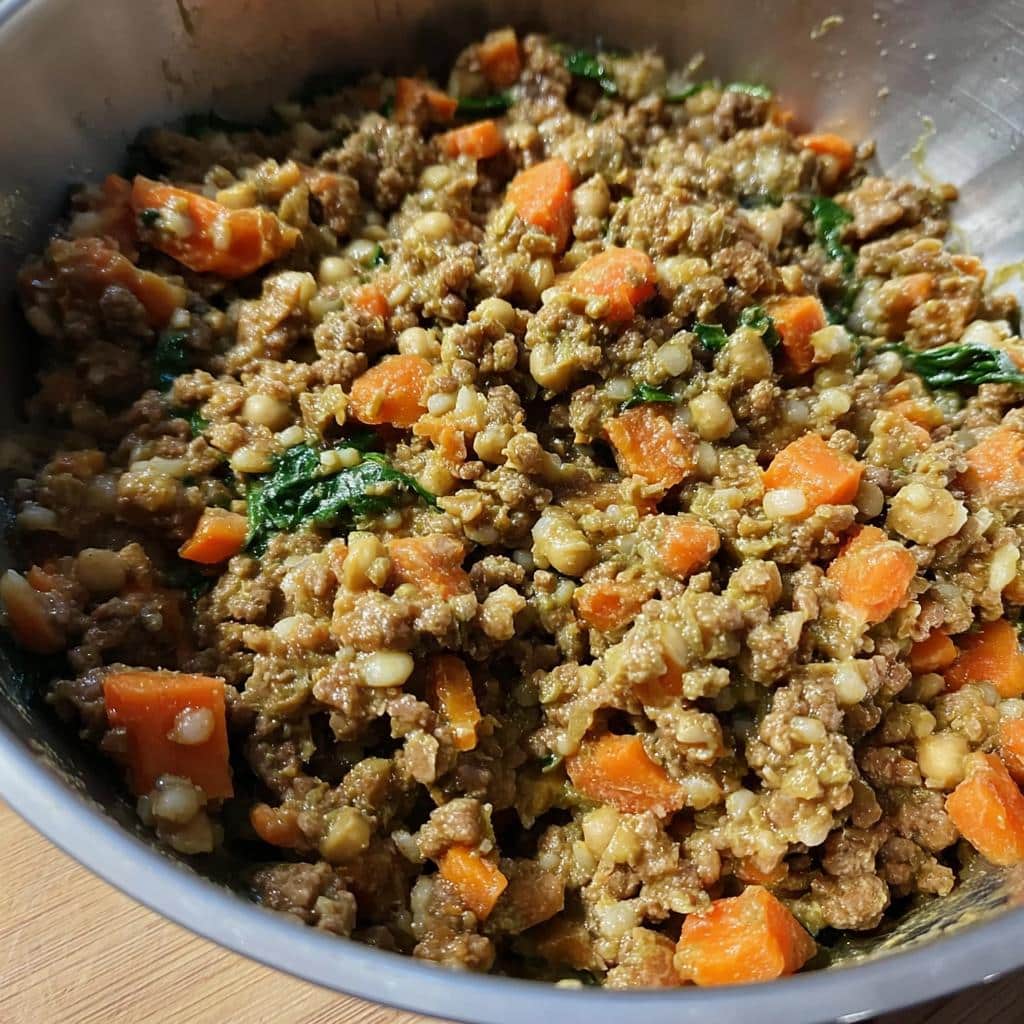 Close-up of the mixed ingredients for the Beef Chickpea Power Pup Bowl, showing ground beef, chickpeas, carrots, and spinach.