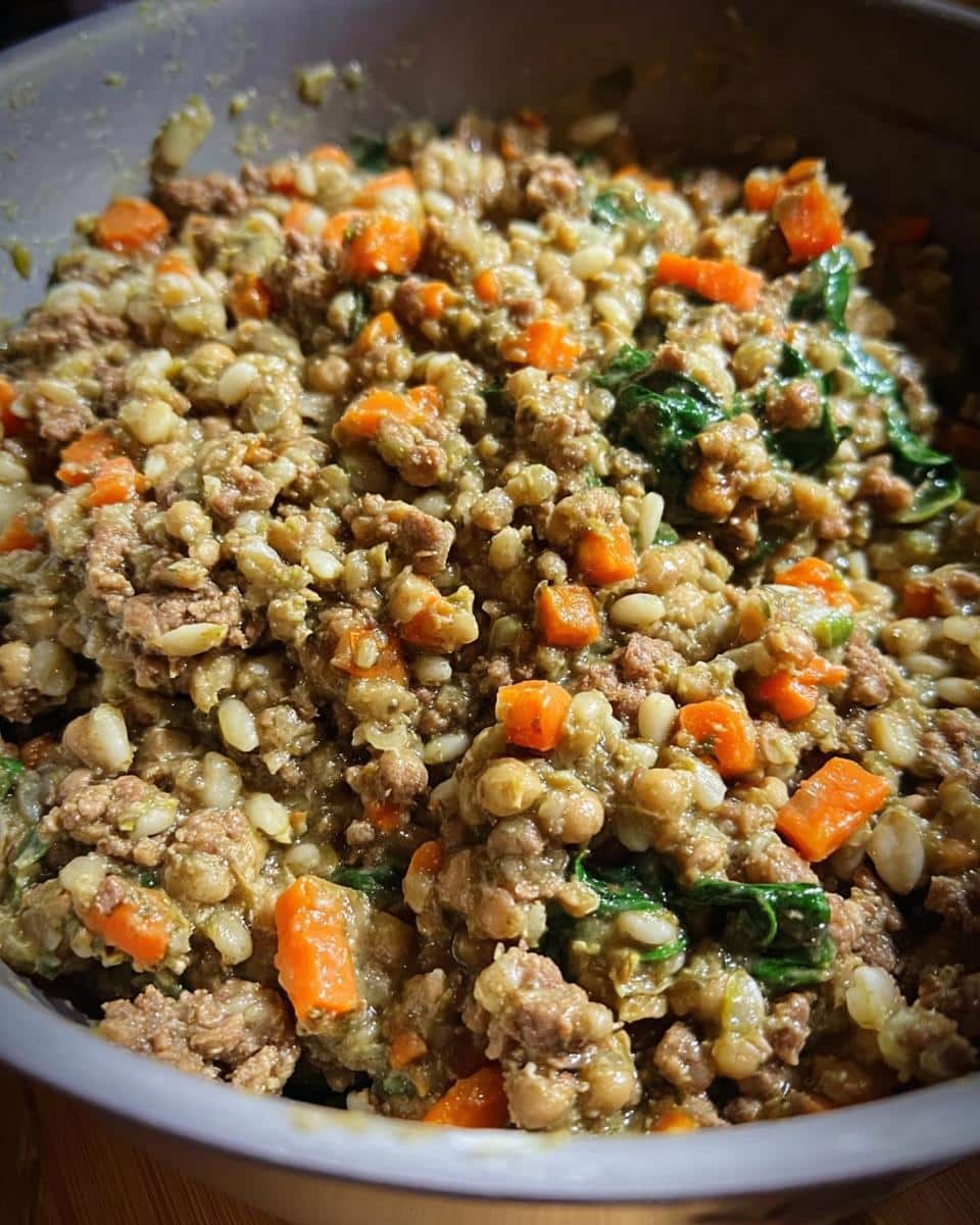 Close-up of the finished Beef Chickpea Power Pup Bowl mixture showing ground beef, chickpeas, carrots, and spinach.