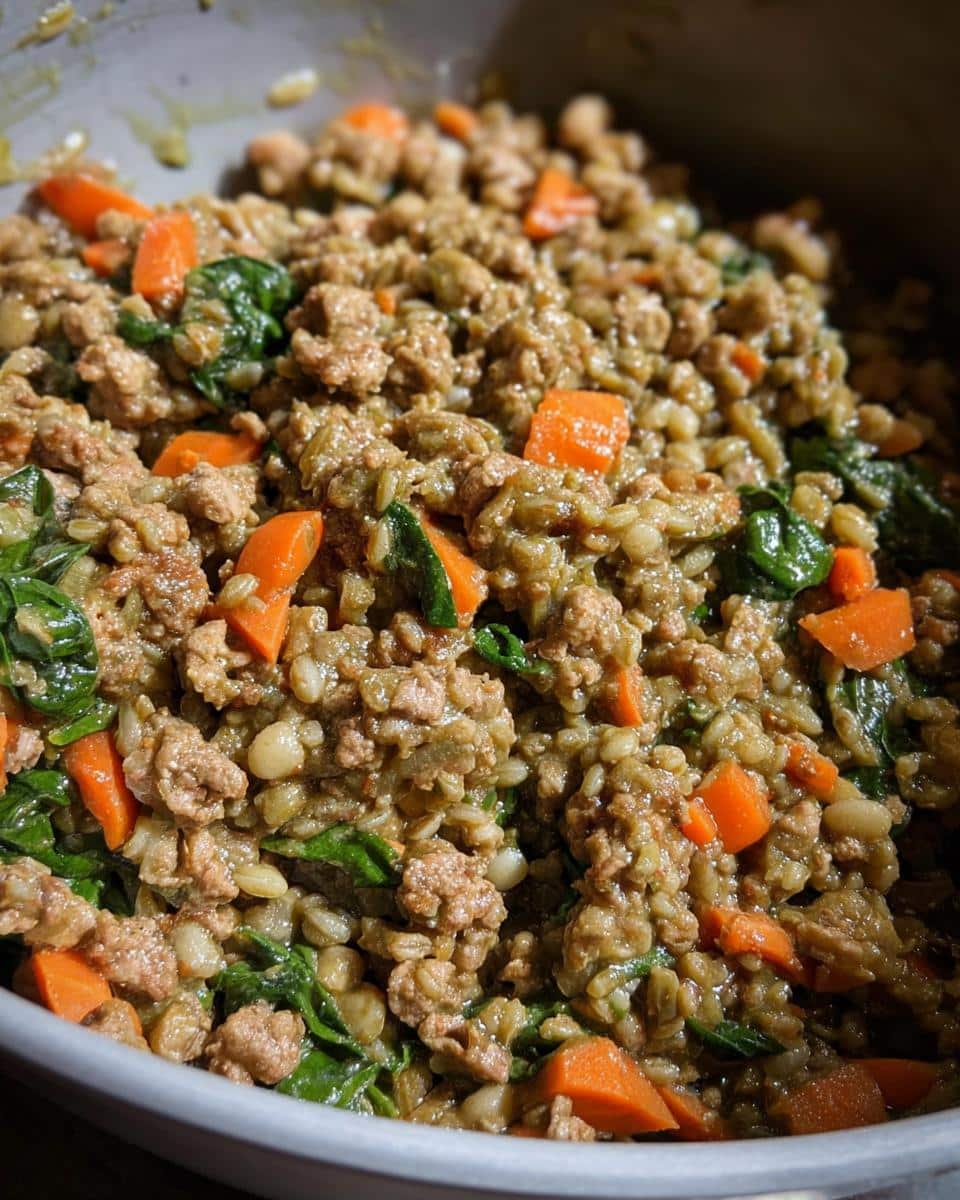 Close-up of the cooked Beef Chickpea Power Pup Bowl mixture with ground beef, grains, carrots, and spinach.