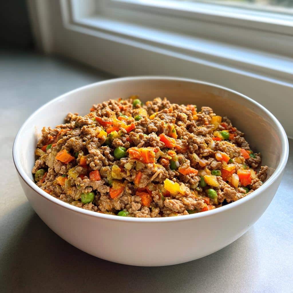 Close-up of a white bowl filled with Beef Oat Mixed Veggie Pup Meal, showing ground beef, carrots, and peas.