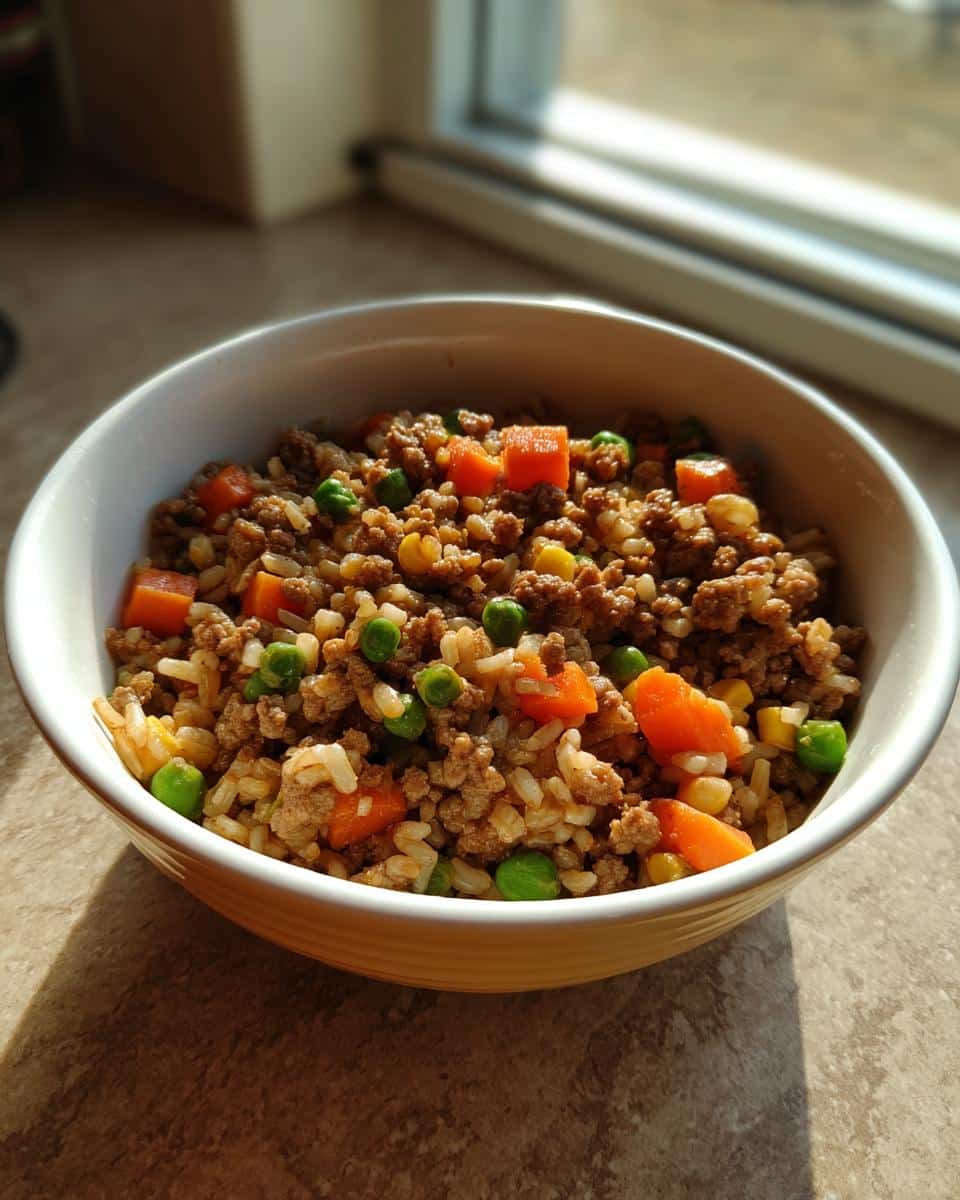 A close-up of a yellow bowl filled with Beef Oat Mixed Veggie Pup Meal, showing ground beef, rice, peas, carrots, and corn.