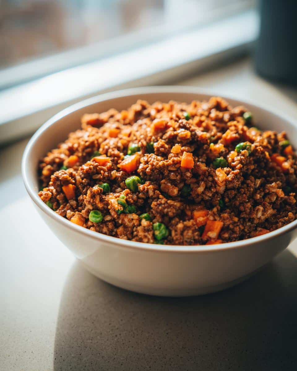 A white bowl filled with the finished Beef Oat Mixed Veggie Pup Meal, showing ground beef texture mixed with peas and carrots.