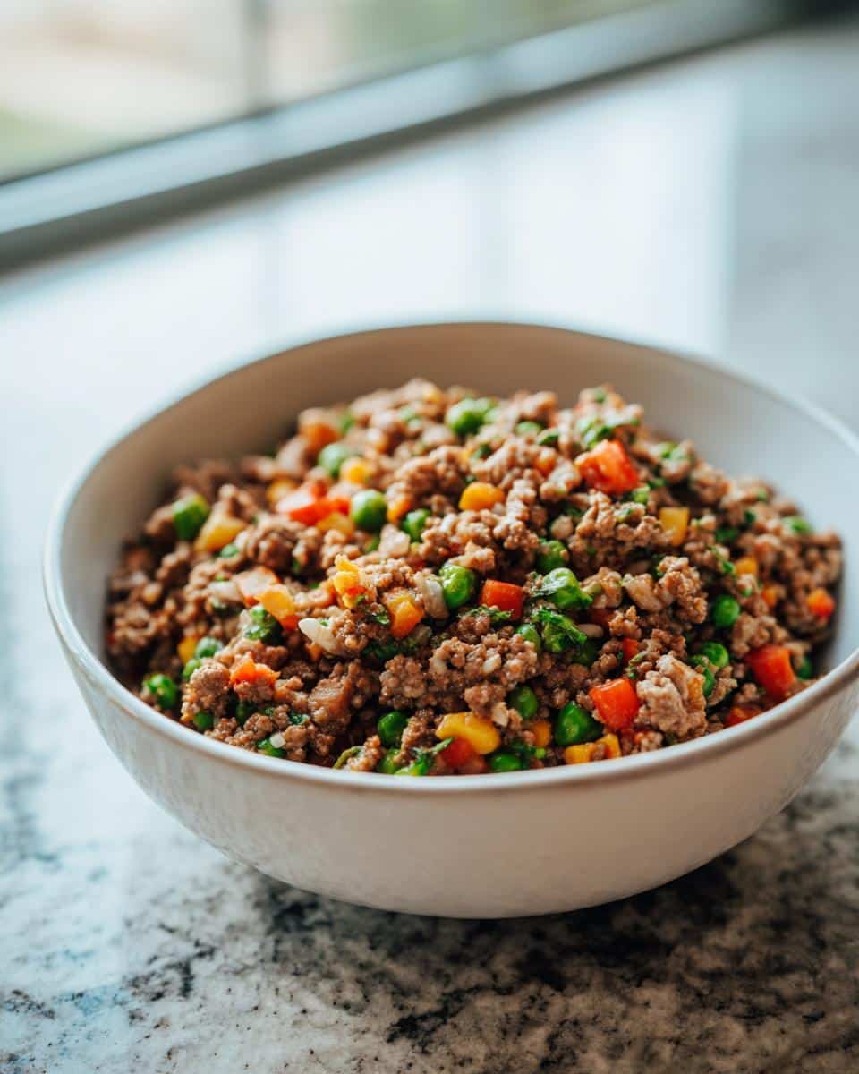 A white bowl filled with Beef Oat Mixed Veggie Pup Meal, showing ground beef, peas, carrots, and corn.