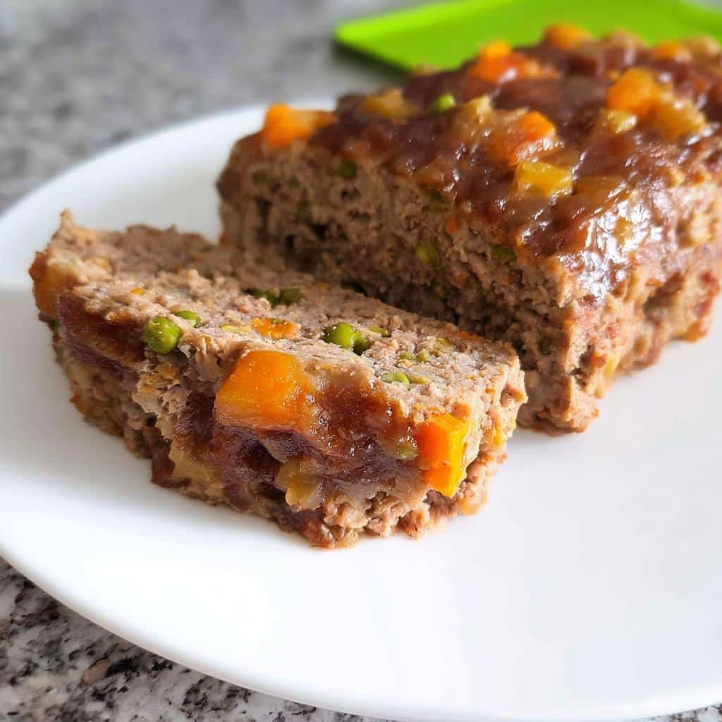 A slice cut from the Beef Pumpkin Dog Meatloaf, showing interior vegetables and a sweet glaze topping.