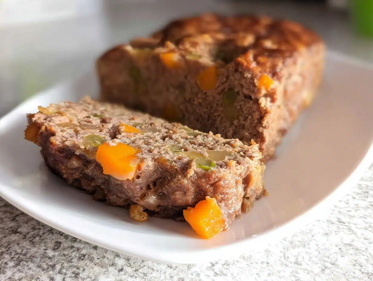 Close-up of a slice of Beef Pumpkin Dog Meatloaf showing chunks of orange pumpkin and green vegetables baked inside.