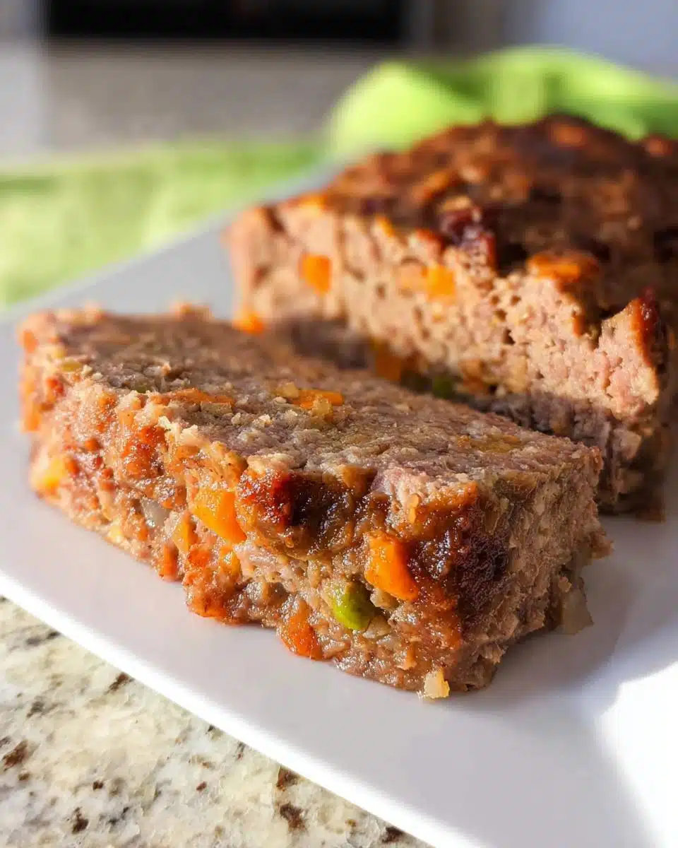 Close-up of two slices of moist Beef Pumpkin Dog Meatloaf showing chunks of orange pumpkin and green vegetables.