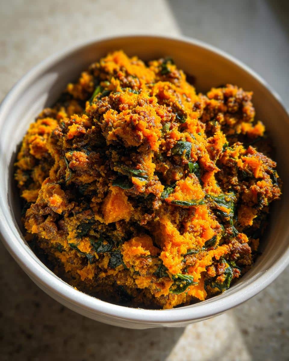 Close-up of a bowl filled with Beef Pumpkin Grain-Free Dog Bowl mixture, showing orange pumpkin and brown beef.