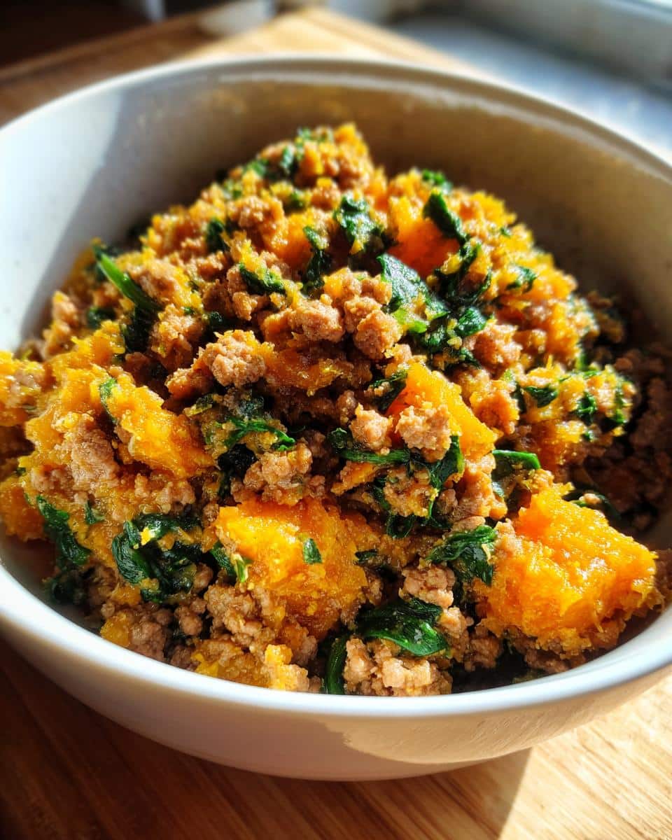 Close-up of a white bowl filled with Beef Pumpkin Grain-Free Dog Bowl mixture, showing ground beef, orange pumpkin chunks, and green spinach.